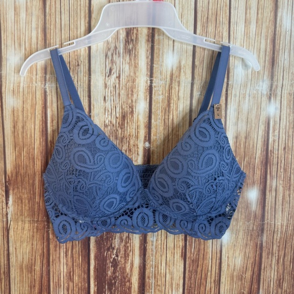 PINK Victoria’s Secret Women Dusty Blue Push Up Pullover Lace Bralette Sz Large - Picture 3 of 9